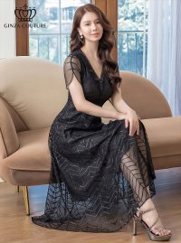 [送料無料][GINZA COUTURE]ブラック・ホワイト・ワインレッド・ピンク・総レース・ラインストーン・Vネック・半袖・ハイウエスト・Aライン・ミディアムドレス・ワンピース[即日発送][大きいサイズあり]