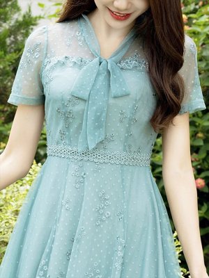 画像4: [送料無料][GINZA COUTURE]グリーン・リボン・ドット・花柄・半袖・チュール・レース・Aライン・ミディアムドレス・ワンピース[即日発送][大きいサイズあり]