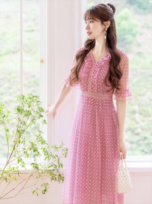 画像10: [送料無料][GINZA COUTURE]ブルー・ピンク・Vネック・5分袖・Aライン・チェック・プリント・レース・ミニドレス・ワンピース[即日発送][大きいサイズあり]