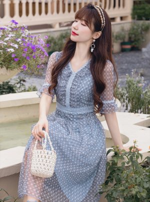 画像5: [送料無料][GINZA COUTURE]ブルー・ピンク・Vネック・5分袖・Aライン・チェック・プリント・レース・ミニドレス・ワンピース[即日発送][大きいサイズあり]