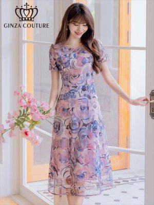 画像1: [送料無料][GINZA COUTURE]ピンク・花柄・半袖・チュール・レース・Aライン・ミディアムドレス・ワンピース[即日発送][大きいサイズあり]