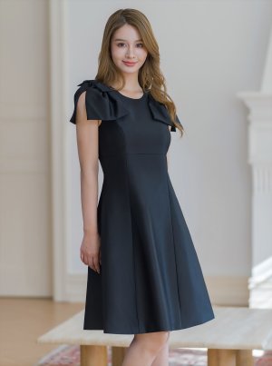 画像2: [送料無料][GINZA COUTURE]ブラック・レッド・ピンク・ベージュ・ワインレッド・半袖・シンプル・Ａライン・リボン・ミディアムドレス・ワンピース[即日発送][大きいサイズあり]