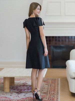 画像17: [送料無料][GINZA COUTURE]レッド・ピンク・ベージュ・ブラック・ワインレッド・半袖・シンプル・Ａライン・リボン・ミディアムドレス・ワンピース[即日発送][大きいサイズあり]