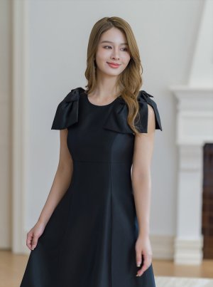 画像4: [送料無料][GINZA COUTURE]ブラック・レッド・ピンク・ベージュ・ワインレッド・半袖・シンプル・Ａライン・リボン・ミディアムドレス・ワンピース[即日発送][大きいサイズあり]