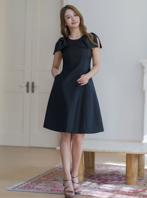 画像5: [送料無料][GINZA COUTURE]ブラック・レッド・ピンク・ベージュ・ワインレッド・半袖・シンプル・Ａライン・リボン・ミディアムドレス・ワンピース[即日発送][大きいサイズあり]