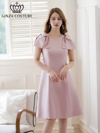 [送料無料][GINZA COUTURE]ピンク・ベージュ・レッド・ブラック ・ワインレッド・半袖・シンプル ・Ａライン・リボン・ミディアムドレス・ワンピース[即日発送][大きいサイズあり]