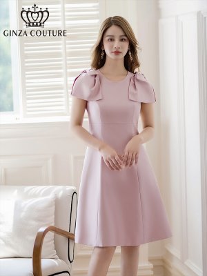 画像1: [送料無料][GINZA COUTURE]ピンク・ベージュ・レッド・ブラック ・ワインレッド・半袖・シンプル ・Ａライン・リボン・ミディアムドレス・ワンピース[即日発送][大きいサイズあり]