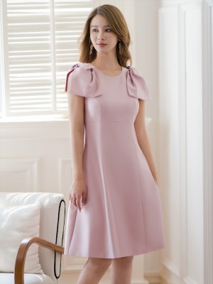 画像2: [送料無料][GINZA COUTURE]ピンク・ベージュ・レッド・ブラック ・ワインレッド・半袖・シンプル ・Ａライン・リボン・ミディアムドレス・ワンピース[即日発送][大きいサイズあり]