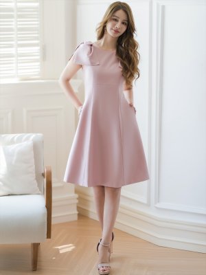 画像11: [送料無料][GINZA COUTURE]レッド・ピンク・ベージュ・ブラック・ワインレッド・半袖・シンプル・Ａライン・リボン・ミディアムドレス・ワンピース[即日発送][大きいサイズあり]