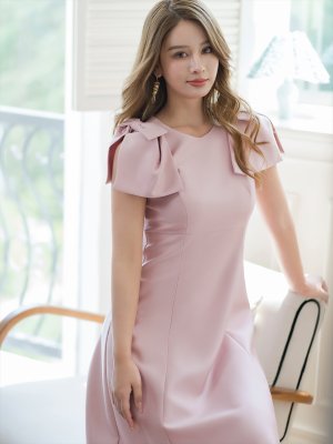 画像6: [送料無料][GINZA COUTURE]ピンク・ベージュ・レッド・ブラック ・ワインレッド・半袖・シンプル ・Ａライン・リボン・ミディアムドレス・ワンピース[即日発送][大きいサイズあり]