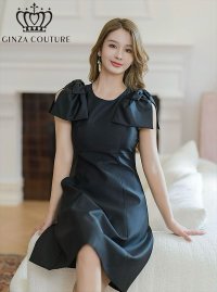 [送料無料][GINZA COUTURE]ブラック・レッド・ピンク・ベージュ・ワインレッド・半袖・シンプル・Ａライン・リボン・ミディアムドレス・ワンピース[即日発送][大きいサイズあり]