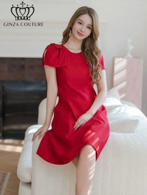 画像1: [送料無料][GINZA COUTURE]レッド・ピンク・ベージュ・ブラック・ワインレッド・半袖・シンプル・Ａライン・リボン・ミディアムドレス・ワンピース[即日発送][大きいサイズあり]