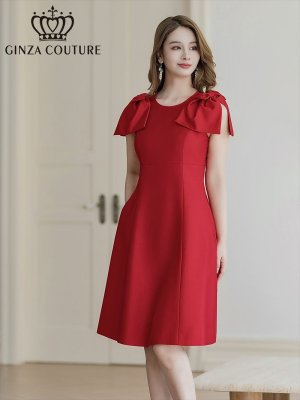 画像2: [送料無料][GINZA COUTURE]レッド・ピンク・ベージュ・ブラック・ワインレッド・半袖・シンプル・Ａライン・リボン・ミディアムドレス・ワンピース[即日発送][大きいサイズあり]