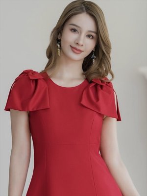 画像3: [送料無料][GINZA COUTURE]レッド・ピンク・ベージュ・ブラック・ワインレッド・半袖・シンプル・Ａライン・リボン・ミディアムドレス・ワンピース[即日発送][大きいサイズあり]