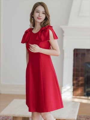 画像4: [送料無料][GINZA COUTURE]レッド・ピンク・ベージュ・ブラック・ワインレッド・半袖・シンプル・Ａライン・リボン・ミディアムドレス・ワンピース[即日発送][大きいサイズあり]