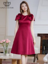 [送料無料][GINZA COUTURE]ワインレッド・ブラック・レッド・ピンク・ベージュ・半袖・シンプル・Ａライン・リボン・ミディアムドレス・ワンピース[即日発送][大きいサイズあり]
