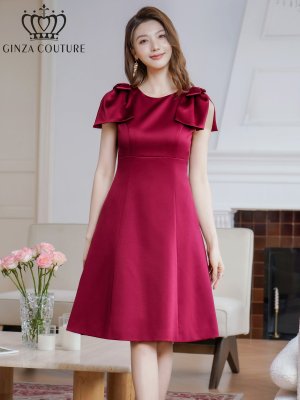 画像1: [送料無料][GINZA COUTURE]ワインレッド・ブラック・レッド・ピンク・ベージュ・半袖・シンプル・Ａライン・リボン・ミディアムドレス・ワンピース[即日発送][大きいサイズあり]
