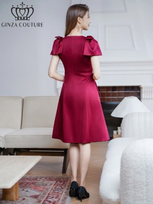 画像20: [送料無料][GINZA COUTURE]ベージュ・ピンク・レッド・ブラック・ワインレッド・半袖・シンプル・Ａライン・リボン・ミディアムドレス・ワンピース[即日発送][大きいサイズあり]
