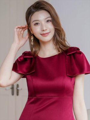 画像4: [送料無料][GINZA COUTURE]ワインレッド・ブラック・レッド・ピンク・ベージュ・半袖・シンプル・Ａライン・リボン・ミディアムドレス・ワンピース[即日発送][大きいサイズあり]