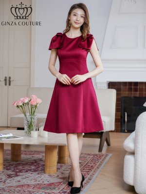 画像20: [送料無料][GINZA COUTURE]レッド・ピンク・ベージュ・ブラック・ワインレッド・半袖・シンプル・Ａライン・リボン・ミディアムドレス・ワンピース[即日発送][大きいサイズあり]