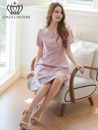 [送料無料][GINZA COUTURE]ピンク・レッド・半袖・シンプル・リボン・Ａライン・膝丈・ワンピース[即日発送][大きいサイズあり]