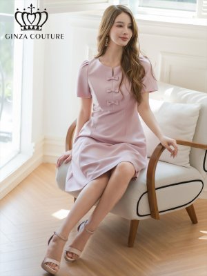 画像1: [送料無料][GINZA COUTURE]ピンク・レッド・半袖・シンプル・リボン・Ａライン・膝丈・ワンピース[即日発送][大きいサイズあり]
