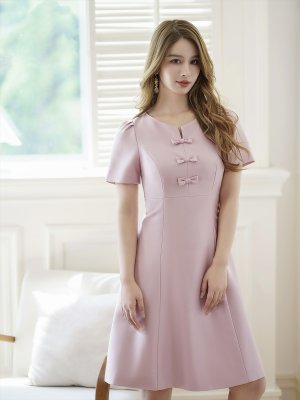 画像12: [送料無料][GINZA COUTURE]レッド・ピンク・半袖・シンプル・リボン・Ａライン・ミディアムドレス・ワンピース[即日発送][大きいサイズあり]