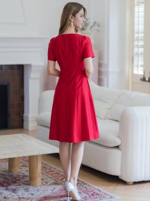 画像3: [送料無料][GINZA COUTURE]レッド・ピンク・半袖・シンプル・リボン・Ａライン・ミディアムドレス・ワンピース[即日発送][大きいサイズあり]