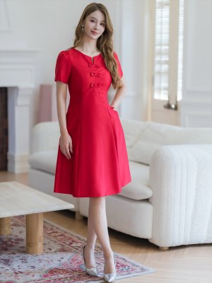 画像5: [送料無料][GINZA COUTURE]レッド・ピンク・半袖・シンプル・リボン・Ａライン・ミディアムドレス・ワンピース[即日発送][大きいサイズあり]