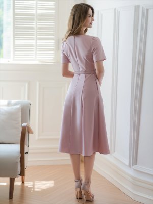 画像3: [送料無料][GINZA COUTURE]ピンク・レッド・ホワイト・半袖・シンプル・コサージュ・Ａライン・ミディアムドレス・ワンピース[即日発送][大きいサイズあり]