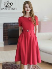 [送料無料][GINZA COUTURE]レッド・ピンク・ホワイト・半袖・シンプル・コサージュ・Ａライン・ミディアムドレス・ワンピース[即日発送][大きいサイズあり]