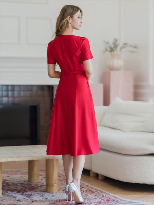 画像9: [送料無料][GINZA COUTURE]ピンク・レッド・ホワイト・半袖・シンプル・コサージュ・Ａライン・ミディアムドレス・ワンピース[即日発送][大きいサイズあり]