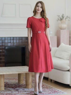 画像12: [送料無料][GINZA COUTURE]ピンク・レッド・ホワイト・半袖・シンプル・コサージュ・Ａライン・ミディアムドレス・ワンピース[即日発送][大きいサイズあり]