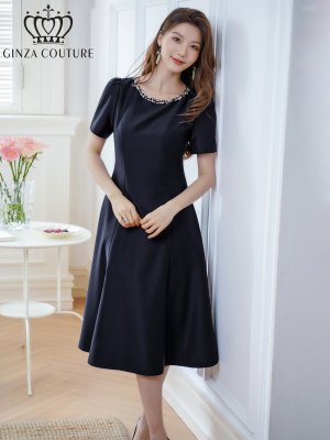 画像1: [送料無料][GINZA COUTURE]ネイビー・ピンク・半袖・ビジュー・ポケット・シンプル・Aライン・ミディアムドレス・ワンピース[即日発送][大きいサイズあり]