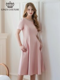 [送料無料][GINZA COUTURE]ピンク・ネイビー・半袖・ビジュー・ポケット・シンプル・Aライン・ミディアムドレス・ワンピース[即日発送][大きいサイズあり]