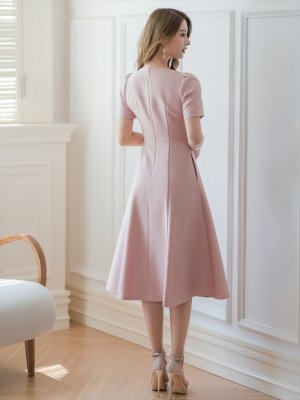 画像9: [送料無料][GINZA COUTURE]ネイビー・ピンク・半袖・ビジュー・ポケット・シンプル・Aライン・ミディアムドレス・ワンピース[即日発送][大きいサイズあり]