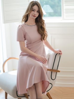 画像12: [送料無料][GINZA COUTURE]ネイビー・ピンク・半袖・ビジュー・ポケット・シンプル・Aライン・ミディアムドレス・ワンピース[即日発送][大きいサイズあり]