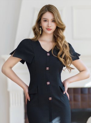 画像4: [送料無料][GINZA COUTURE]ブラック・シンプル・半袖・Vネック・無地・タイト・ミディアムドレス・ワンピース[即日発送][大きいサイズあり]