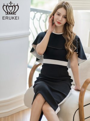 画像1: [送料無料][GINZA COUTURE]ブラック×ホワイト・バイカラー・ケープ付き・切替・タイト・ミディアムドレス・ワンピース
