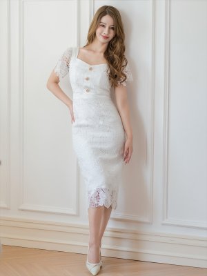 画像11: [送料無料][GINZA COUTURE]ブラック・ホワイト・タイト・レース・シンプル・半袖・ミディアムドレス・ワンピース[即日発送][大きいサイズあり]