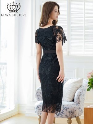 画像3: [送料無料][GINZA COUTURE]ブラック・ホワイト・タイト・レース・シンプル・半袖・ミディアムドレス・ワンピース[即日発送][大きいサイズあり]