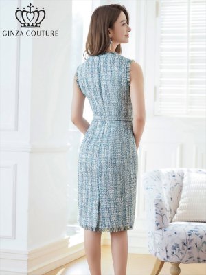 画像3: [送料無料][GINZA COUTURE]ブルー・パープル・ツイード・フリンジ・ノースリーブ・ベルト・タイト・膝丈・ミディアムドレス・ワンピース[即日発送][大きいサイズあり]