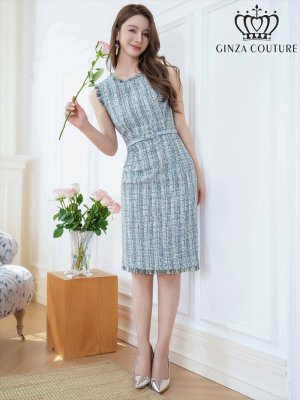 画像5: [送料無料][GINZA COUTURE]ブルー・パープル・ツイード・フリンジ・ノースリーブ・ベルト・タイト・膝丈・ミディアムドレス・ワンピース[即日発送][大きいサイズあり]