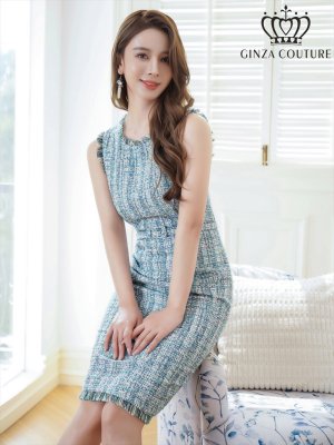 画像6: [送料無料][GINZA COUTURE]ブルー・パープル・ツイード・フリンジ・ノースリーブ・ベルト・タイト・膝丈・ミディアムドレス・ワンピース[即日発送][大きいサイズあり]