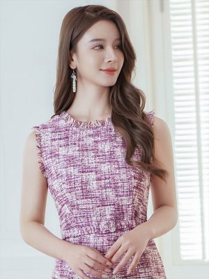 画像10: [送料無料][GINZA COUTURE]ブルー・パープル・ツイード・フリンジ・ノースリーブ・ベルト・タイト・膝丈・ミディアムドレス・ワンピース[即日発送][大きいサイズあり]