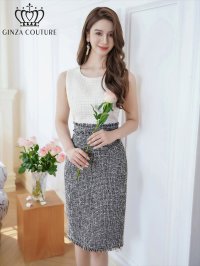 [送料無料][GINZA COUTURE]ホワイトxブラック・ツイード・タイト・ノースリーブ・ミディアムドレス・ワンピース[即日発送][大きいサイズあり]