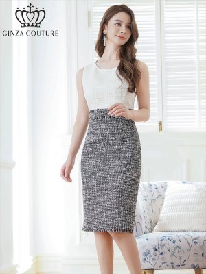 画像2: [送料無料][GINZA COUTURE]ホワイトxブラック・ツイード・タイト・ノースリーブ・ミディアムドレス・ワンピース[即日発送][大きいサイズあり]