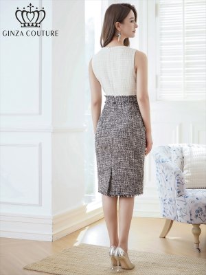 画像3: [送料無料][GINZA COUTURE]ホワイトxブラック・バイカラー・ツイード・タイト・ノースリーブ・ミディアムドレス・ワンピース[即日発送][大きいサイズあり]