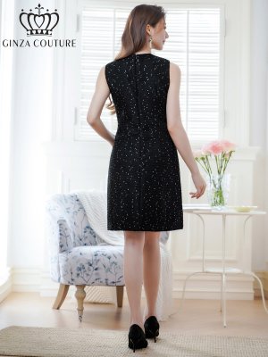 画像3: [送料無料][GINZA COUTURE]ブラック・ホワイト・ノースリーブ・ツイード・スパンコール・ポケット・Aライン・ミニドレス・ワンピース[即日発送][大きいサイズあり]