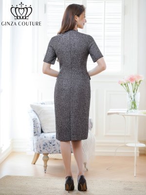 画像3: [送料無料][GINZA COUTURE]グレー・ワインレッド・半袖・ツイード・タイト・フロントポケット・ポイントボタン・ミディアムドレス・ワンピース[即日発送][大きいサイズあり]